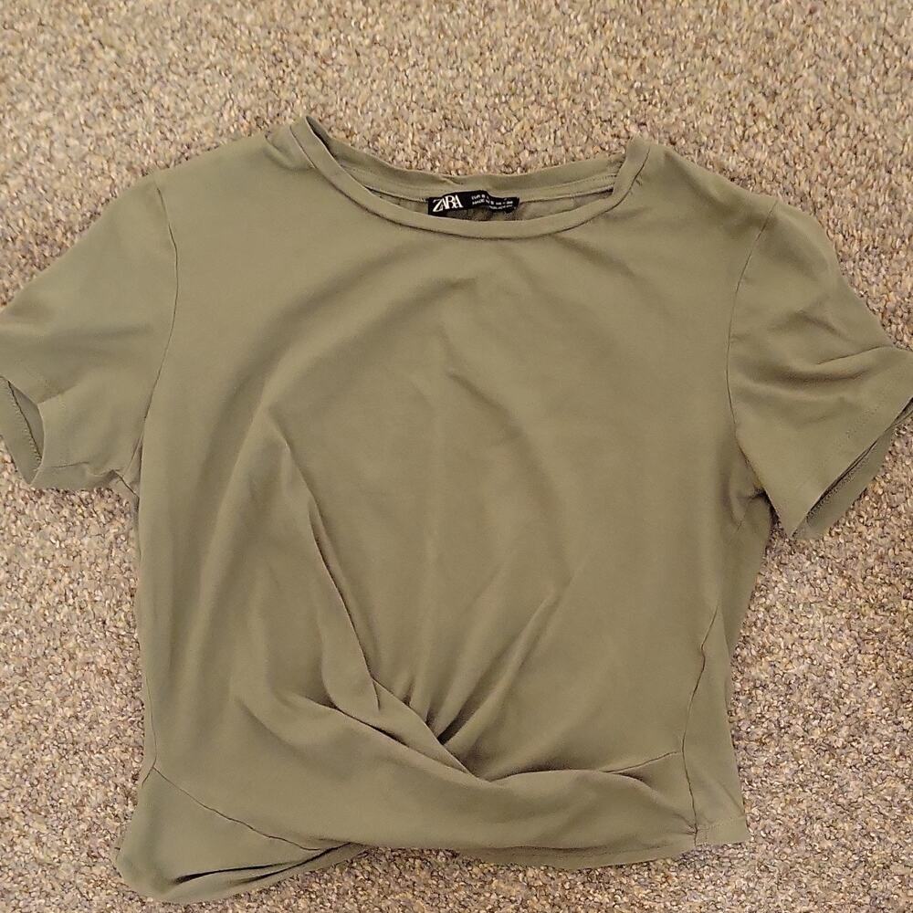 ZARA Women's S Olive Twist Short Sleeve T-Shirt 100% Cotton Crew Neck